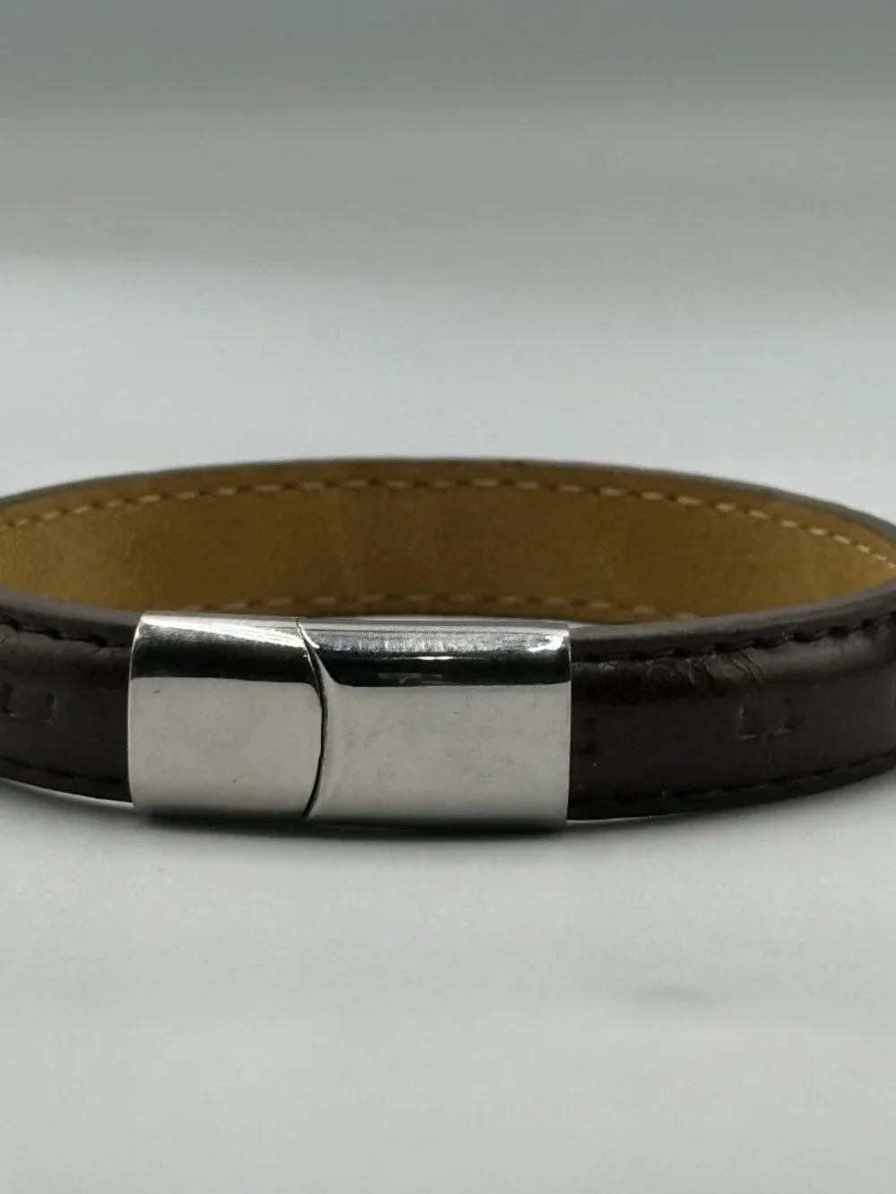 3/$30 Men Brown Leather Bracelet Stitched Stainless Steel Snap Clasp 8.25